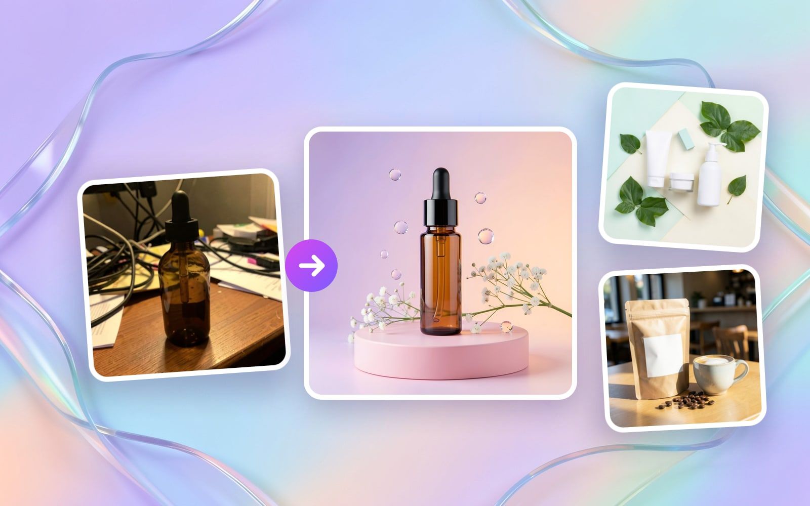 Ảnh chai serum trước và sau khi thiết kế, cùng các ảnh sản phẩm mẫu