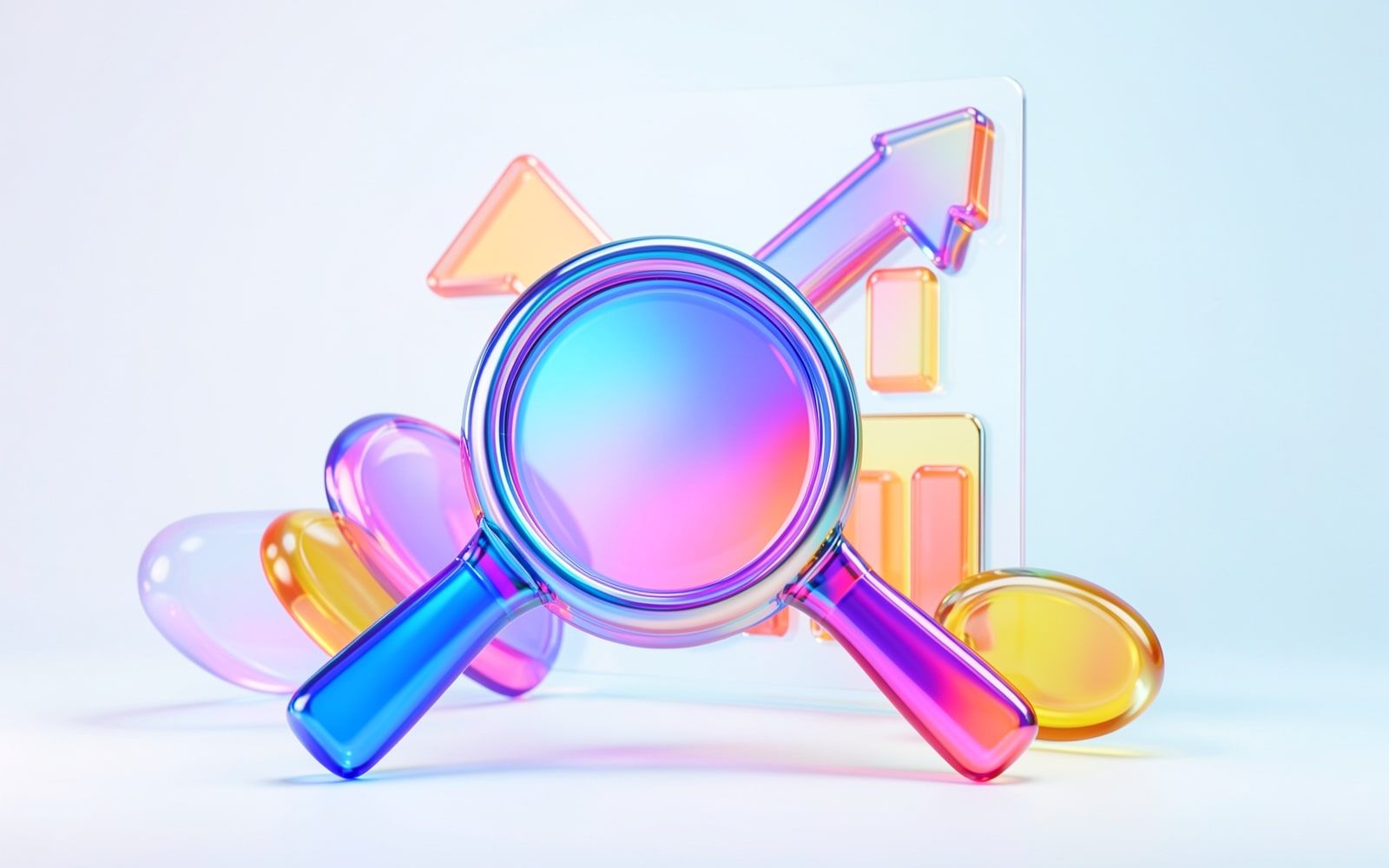 Minh họa 3D kính lúp và mũi tên tăng trưởng, tượng trưng cho website chuẩn SEO