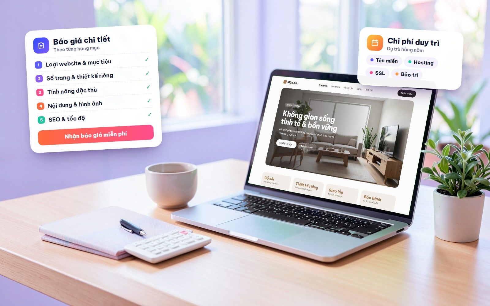 Laptop trên bàn làm việc hiển thị một website mẫu, cạnh máy tính cầm tay, kèm thẻ báo giá chi tiết theo hạng mục và thẻ chi phí duy trì hằng năm