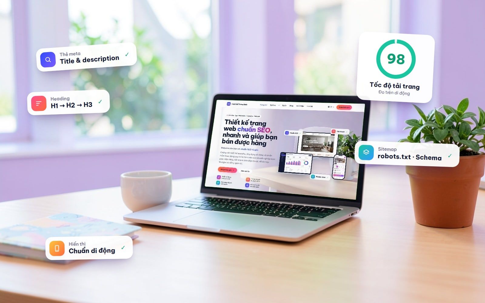 Laptop trên bàn làm việc hiển thị website Thiết Kế Trang Web, xung quanh là các thẻ checklist SEO: thẻ meta, heading, tốc độ tải trang, sitemap và hiển thị trên di động